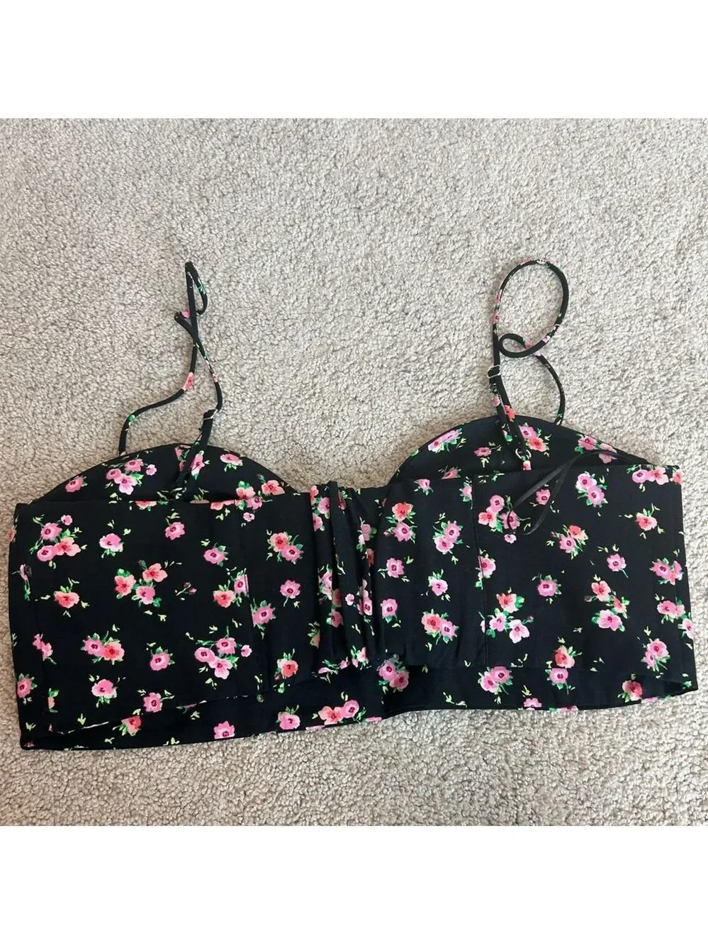 Zara black pink floral flower sweetheart spaghetti strap bustier crop top Sz XL - Picture 4 of 8
